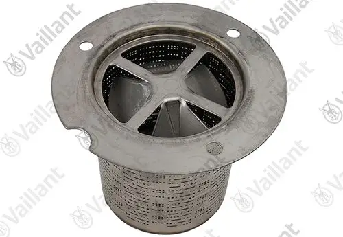 Vaillant Produkt, rundes Metallteil mit perforiertem Zylinder und einem zentralen Lüfterrad, vermutlich ein Teil eines Heizsystems zur Luft- oder Wasserzirkulation.